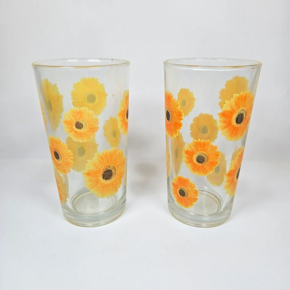 Vintage KIG Indonesia Sunflowers Daisies Drinking Glass Tumblers 10oz Flowers FG